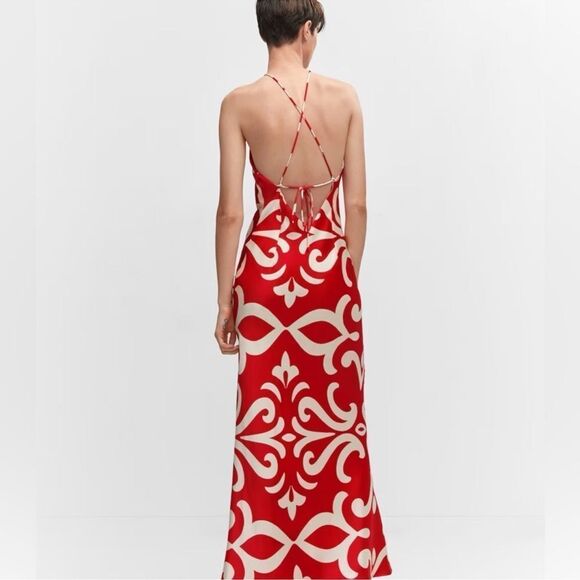 Blogger favorite red satin halter dress with floral applique (brand Mango) - Picture 10 of 15